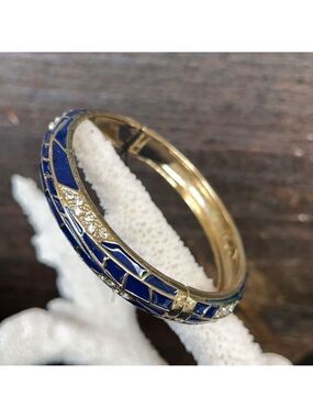 Royal Blue Enamels Geometric Pattern Accented with Clear Crystals in Gold Hinged